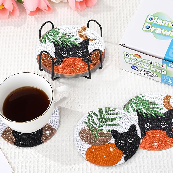 8 Pcs Boho Diamond Art Painting Coasters Holder Black Cat | Abstract Diamond - Image 6