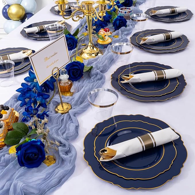 350PCS Navy Blue Plastic Patriotic Plates-Disposable Blue Gold Plates 50guest - Image 2