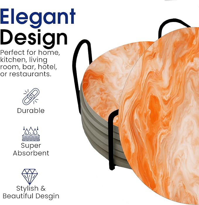 Orange and White Marble Round Coasters Set of 6 - Image 3