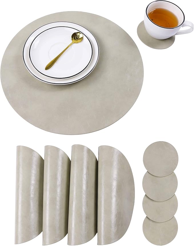 Set of 4 Faux Leather Round Placemats and Coasters, Coffee Mats Kitchen Table by JOVONO