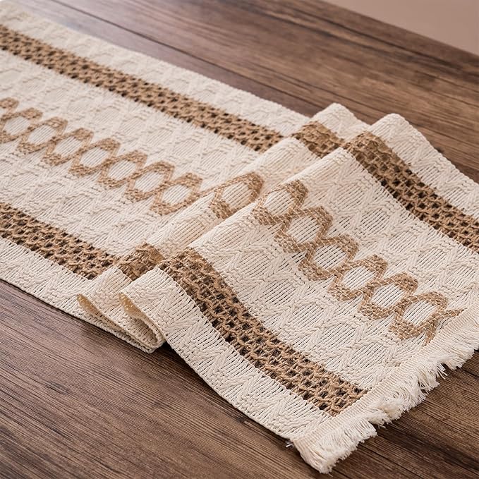 Boho Table Runner with Tassels 12 x 132 Inches Long, Cream & Brown Rustic - Image 6