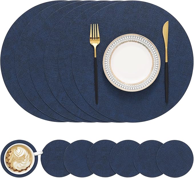 Round Faux Leather Placemat and Coaster 6 Packs, Washable Heat Resistant Dining by homing