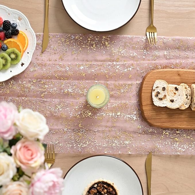 Artoid Mode Gold Gauze Pink Table Runner 120 Inch 10FT, Glitter Metallic Foil - Image 3