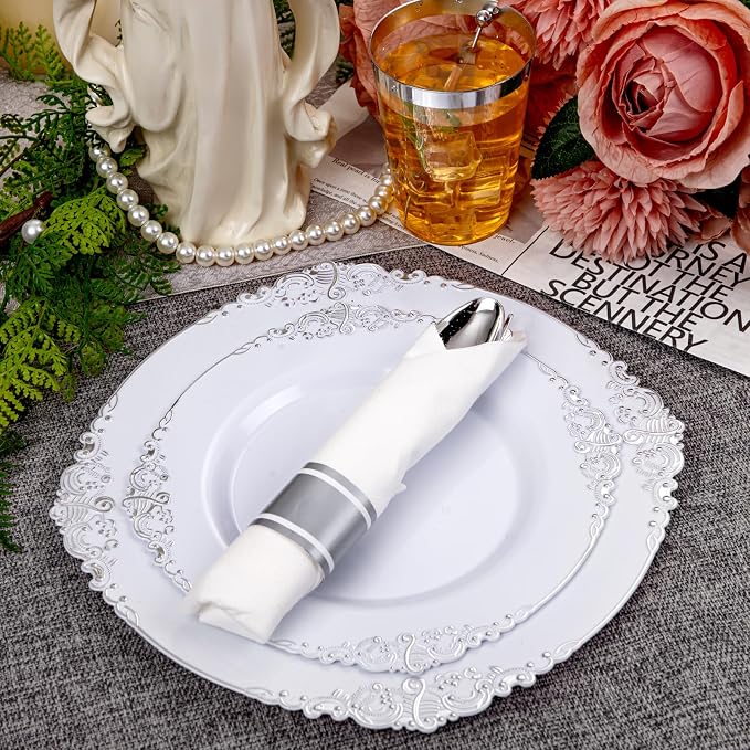 210 Pcs White Silver Plates for Party | White Party Plates Set for 30 Guests - Image 8