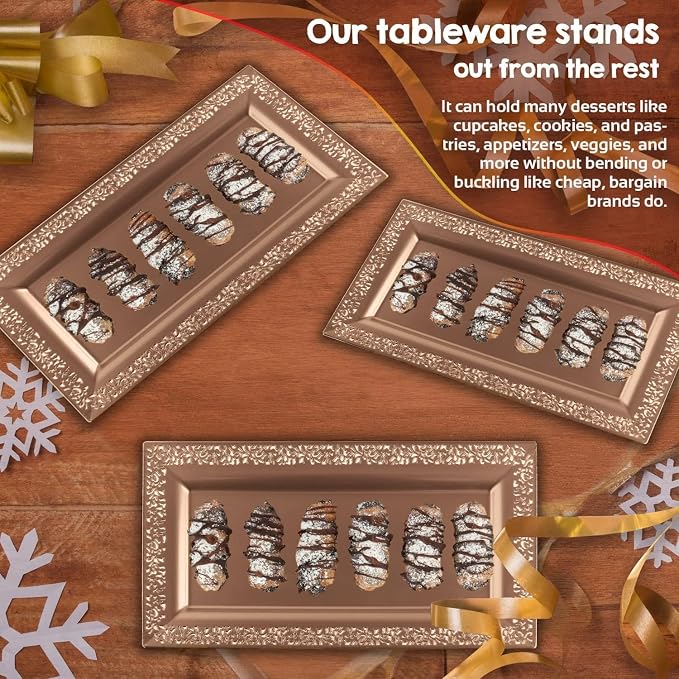 14" x 7.5" Rose Gold Lace Rim Plastic Serving Trays & Platters | Heavy Duty - Image 5