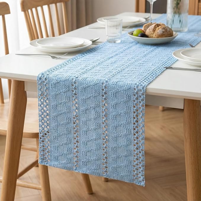 Artoid Mode Sky Blue Woven Farmhouse Hollow Table Runner 12x120 Inch | Holiday - Image 6