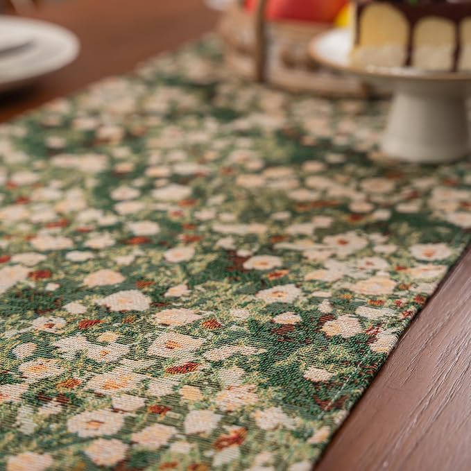 Ditsy Floral Table Runner Daisy Green 13 x 86 Inch | Jacquard Weave Pattern - Image 5
