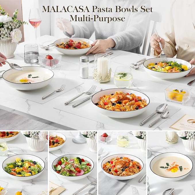 MALACASA 8.85" Large Pasta Bowls, 42 OZ White Salad Bowls Soup Bowls, Porcelain - Image 5