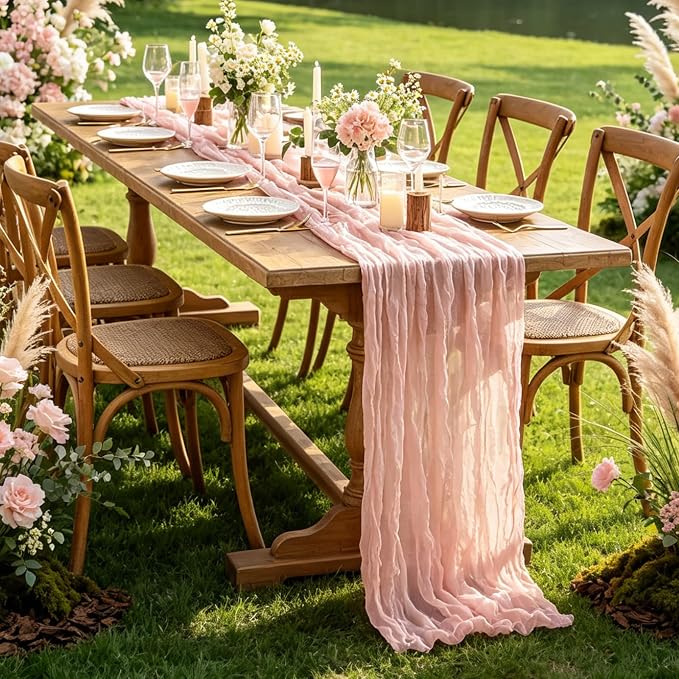 3Pcs Pink Cheesecloth Table Runner, 10FT Dusty Pink Boho Gauze Table Runner - Image 6