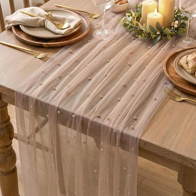 Artoid Mode Pearl Tan Gauze Table Runner 120 Inch 10FT, Seasonal Sheer Dining - Image 4