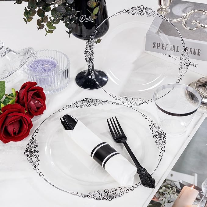 350 Pcs Clear Black Plates for Party | Black Party Plates Set for 50 Guests - Image 8