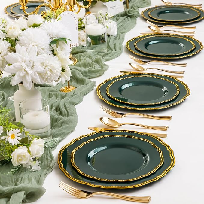 60 Pcs Green Gold Dinner Plates - Image 5