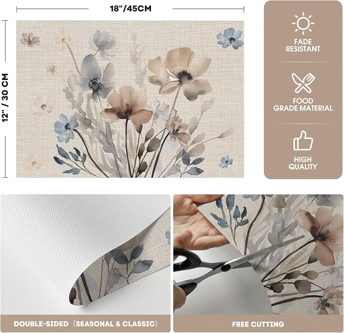 Artoid Mode Brown Poppy Floral Vinyl Plastic Placemats Set of 4, Washable - Image 6