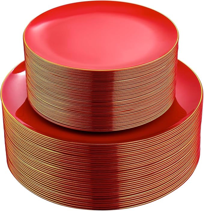 PULOTE 100PCS Red Plastic Plates Disposable Heavy Duty by PULOTEpartywareWesupplyproductsandyouenjoylife