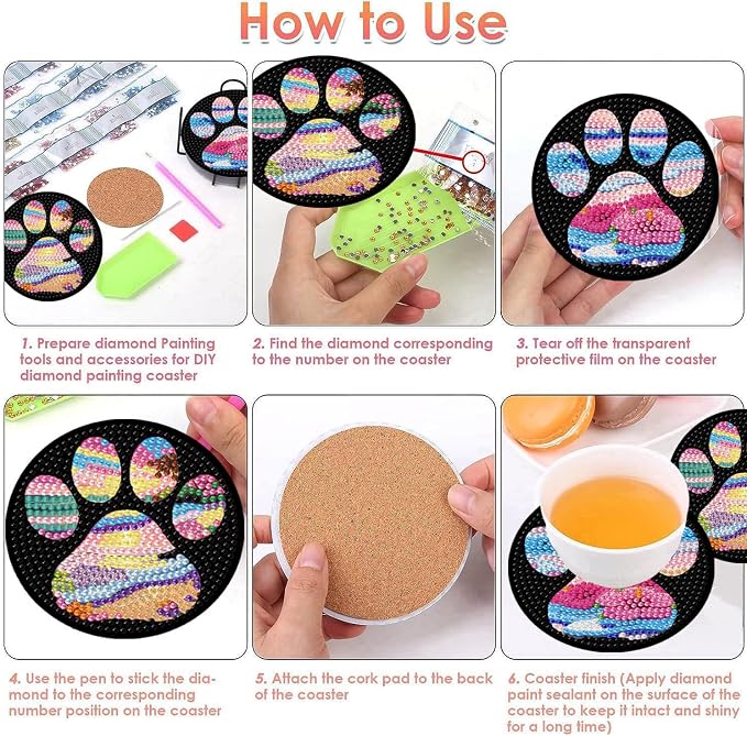 ijbnhd Beach Diamond Art Coasters Kit, Dog Paw, 4X4inch | Diamond Painting - Image 7