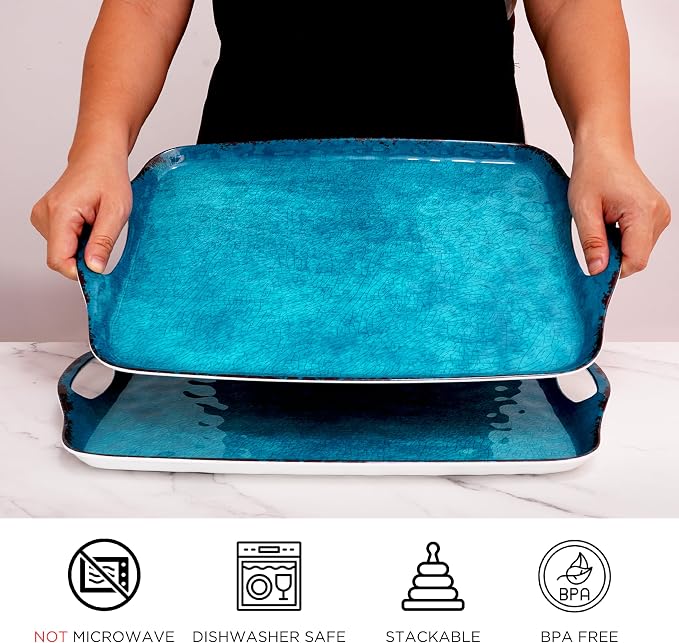 TP Melamine Serving Trays with Handles, Retro Teal | Large Rectangular Trays - Image 2