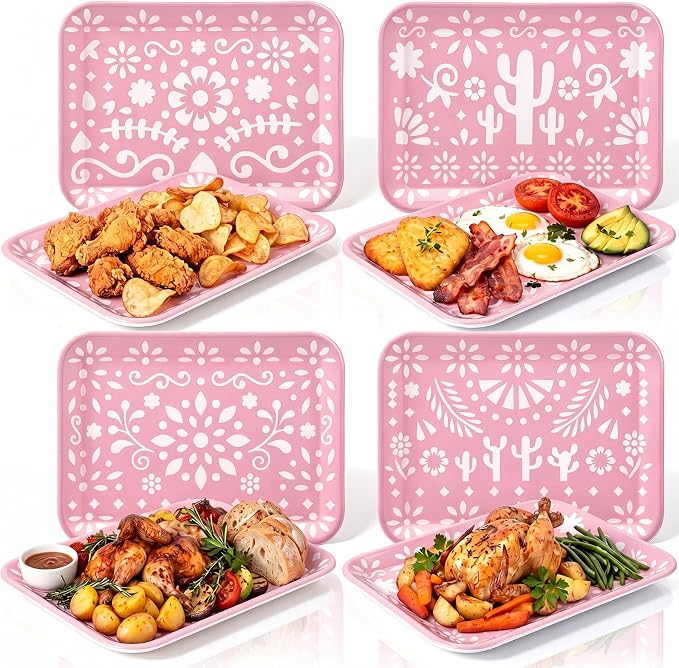 4 Pieces Mexican Serving Trays Pink Fiesta Melamine Platters Reusable Rectangle by Tiangrid