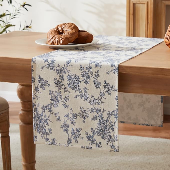 French Pastoral Farmhouse Table Runners, 13x108 Inch Blue | 100% Organic Cotton - Image 7