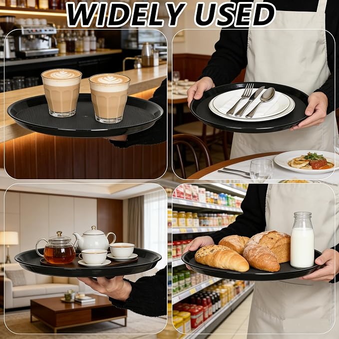 4 Pack 13.58 Inch Round Non-Slip Tray, Restaurant Serving Tray | Black - Image 6