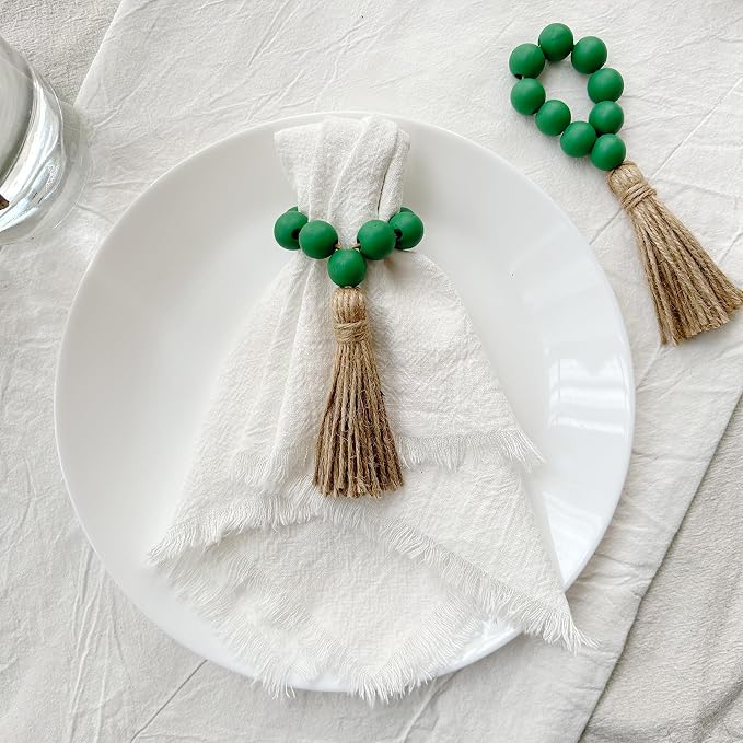 Napkin Rings Set of 12, Wooden Bead Elastic Tassel Napkin Ring | Tassel Napkin - Image 2