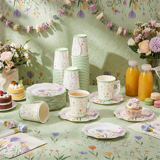 FillTouch 100 Sets Wildflower Floral Paper Tea Cups and Saucers Disposable - Image 6