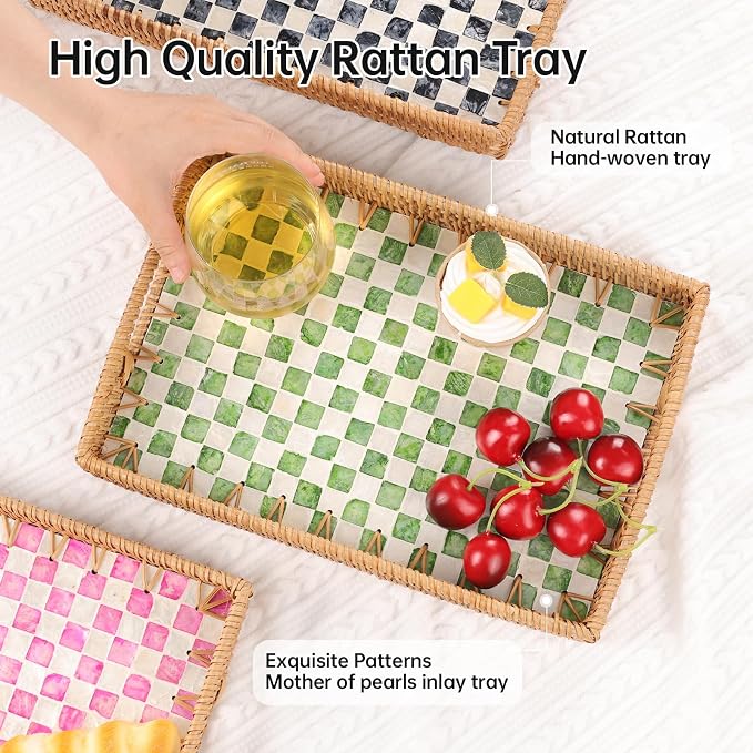 Rectangle Rattan Tray with Mother of Pearl Inlay, Rattan Serving Tray with - Image 3