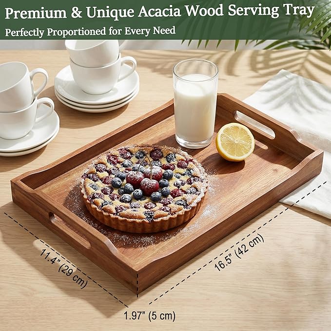 Acacia Wood Serving Tray with Handles, Rectangular Wooden Ottoman Tray - Image 3