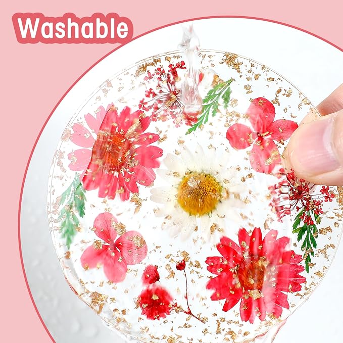 Amabro Dried Flower Drink Coasters, Floral Resin Drink Cup Mat Set of 2 - Image 6