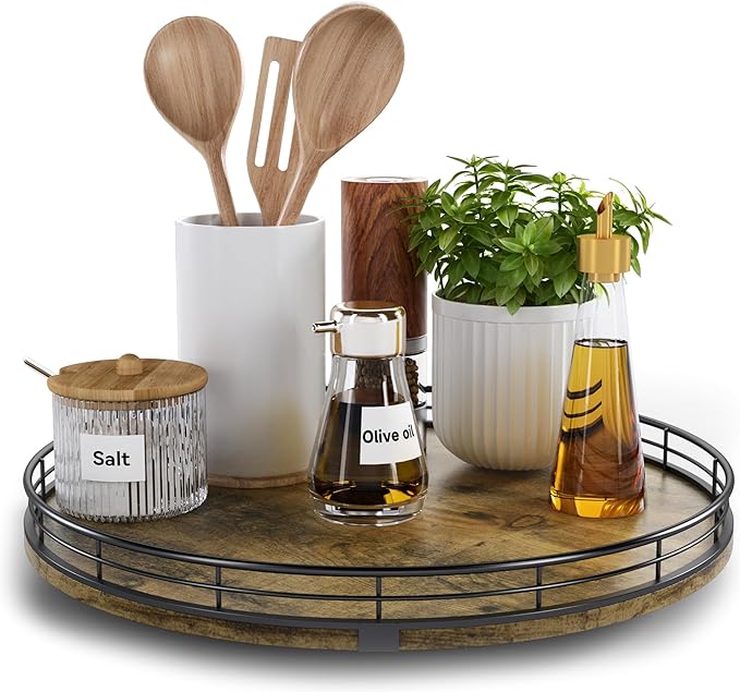 Lazy Susan Turntable Organizer for Table Top, 13’’ Round Wooden Lazy Susan for by HGF