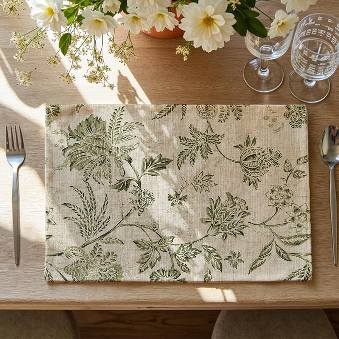 JINCHAN Sliva Linen Floral Placemats Set of 4 Farmhouse 13x19 Sage Green | by JINCHAN