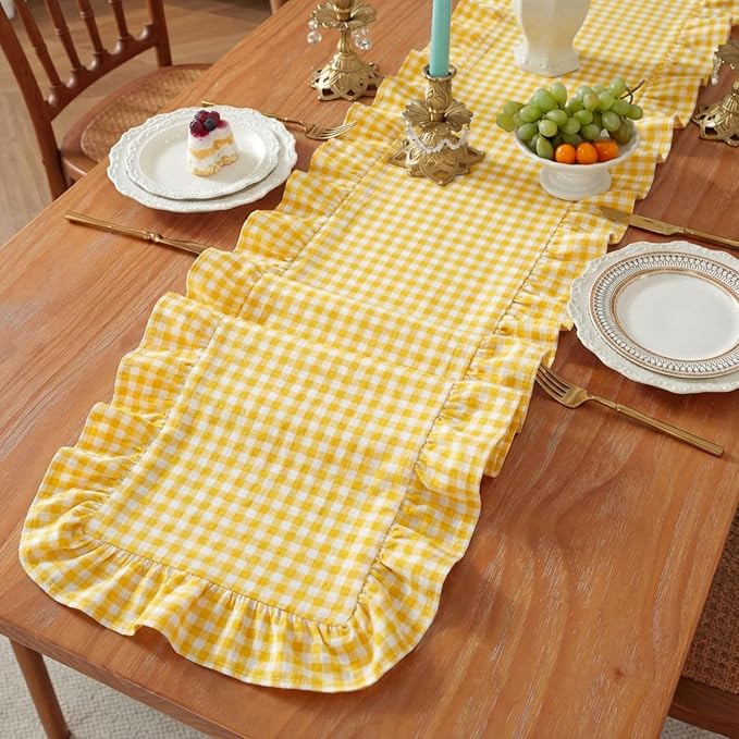 HunnmingRe 1 Pc Gingham Table Runner Yellow, 118 X 13.8 Inch | Cotton Dresser - Image 6