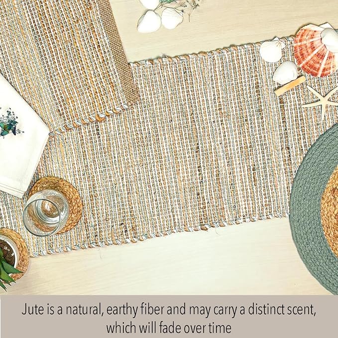 Natural Jute Table Runner, 13x36 Inch, Sage Green-White | Vintage Boho Rustic - Image 2