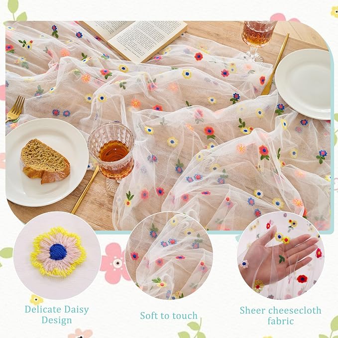 BINBE 3pcs Ivory Daisy Spring Table Runner Embroidery Gauze 10FT Florals - Image 3
