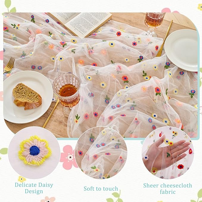 BINBE 1pcs Ivory Daisy Spring Table Runner Embroidery Gauze 10FT Florals - Image 3