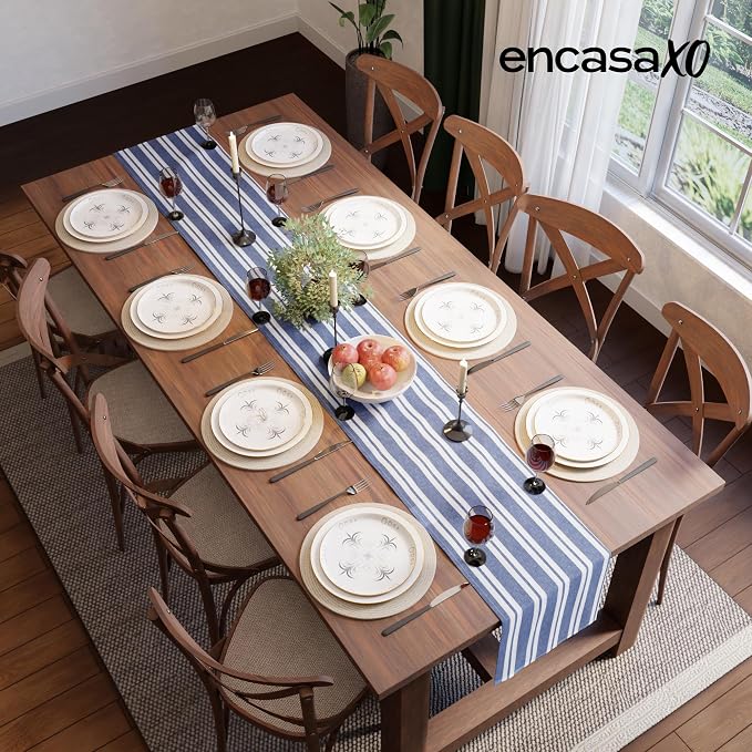Encasa XO Table Runner, Woven Cotton Dining Runner 13"x91" Franca Blue Stripes - Image 4
