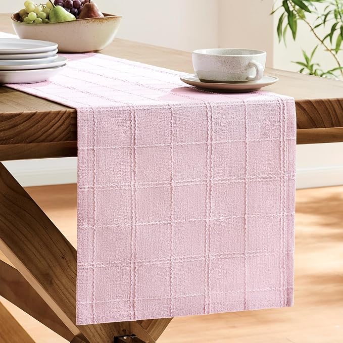 Linen Checked Farmhouse Table Runner, 13x90 Inches Pink | Raised Grid Design - Image 4