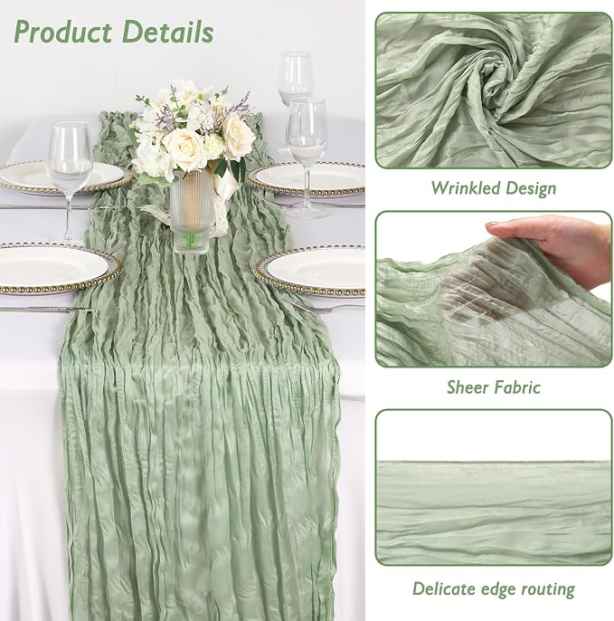 1 Pack Sage Green Cheesecloth Table Runner 120 Inch Boho Wedding Decor | - Image 3