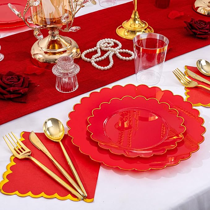 LIYH 210pcs Red Gold Scalloped Plastic Plates, Elegant Party Dinnerware | Heavy - Image 2
