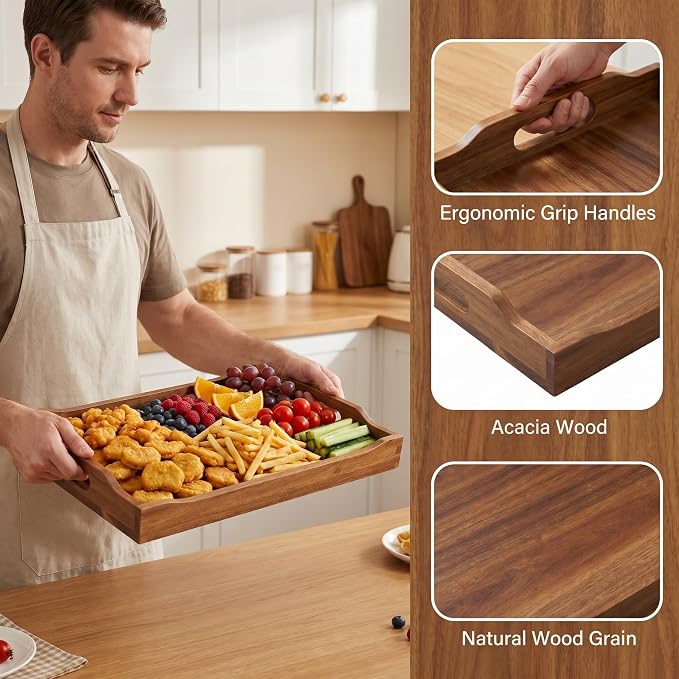 Acacia Wood Serving Trays with Handles, Rectangular Wooden Tray Set of 2 - Image 6