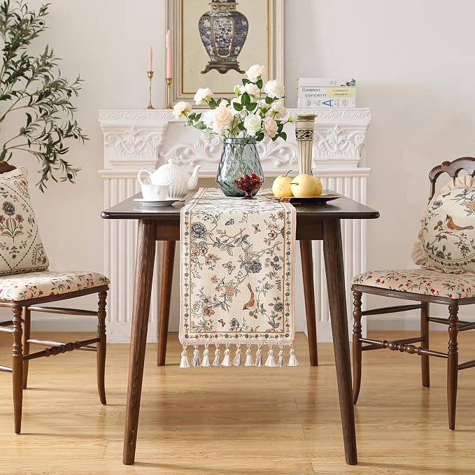 Designer French Linen Table Runner, Floral Bird Pattern, Dining Table, - Image 3