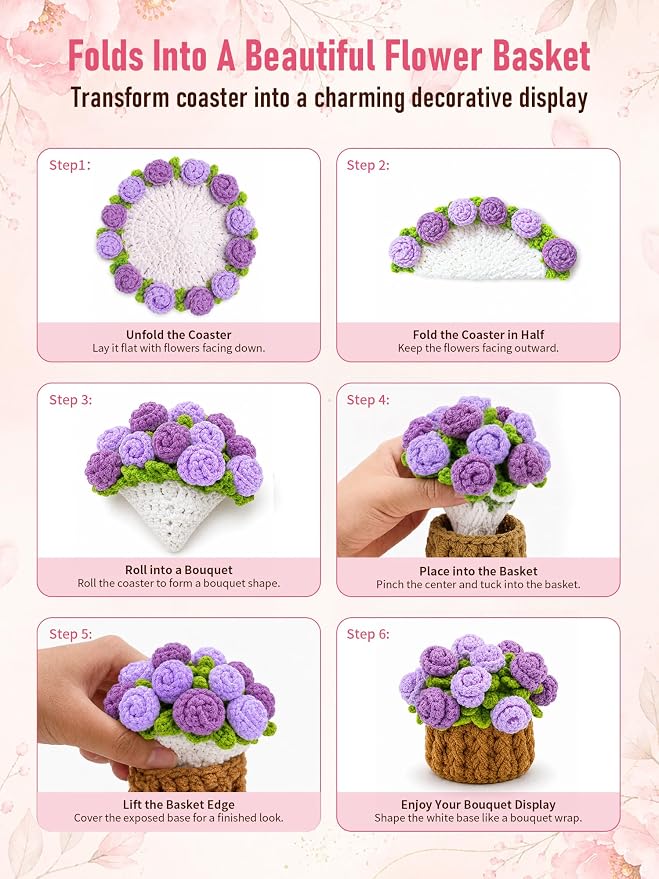 Crochet Flower Bouquet Coasters, Cotton Rose Gifts - Image 3