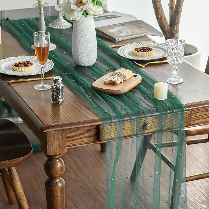 Artoid Mode 6PCS Pearl Dark Green Gauze Table Runner 120 Inch 10FT, Seasonal - Image 4