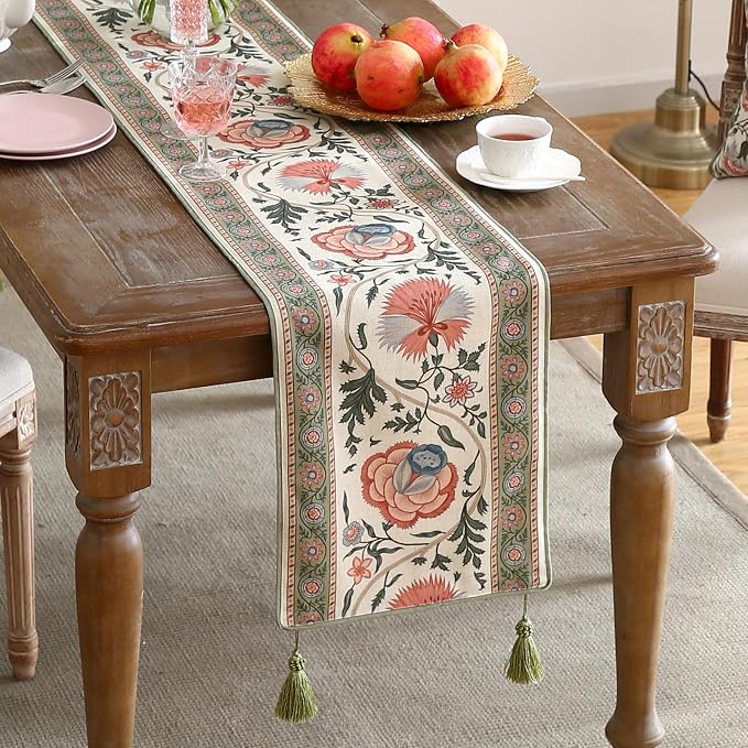 Designer Vintage Linen Extra Long Table Runner, Floral Pattern, Dining Table - Image 2