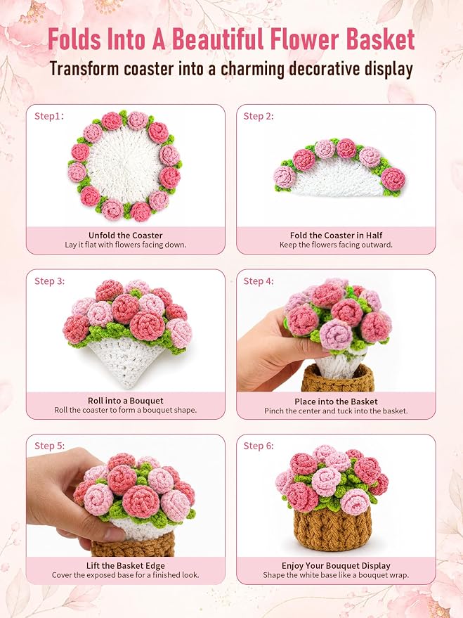 Crochet Flower Bouquet Coasters, Cotton Rose Gifts - Image 3