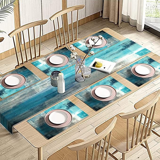 Turquoise Abstract Modern Table Runner and Placemats Set of 6 | Long Teal Blue - Image 5