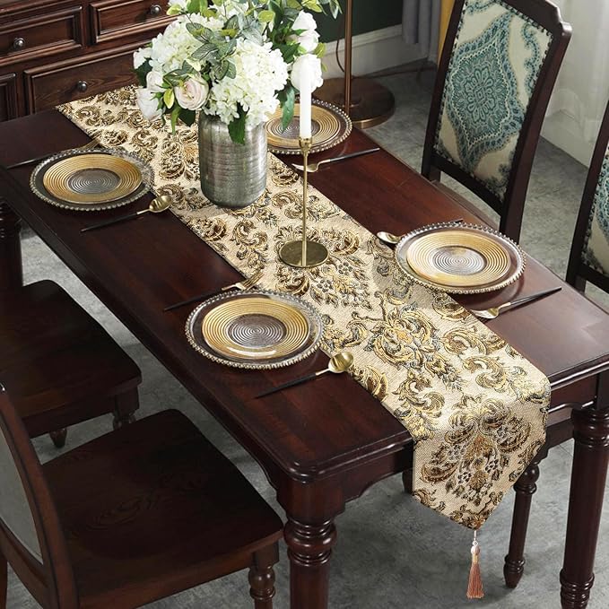 108 Inches Exquisite Gold Floral Jacquard Table Runner Thick Beige Chenille | - Image 3