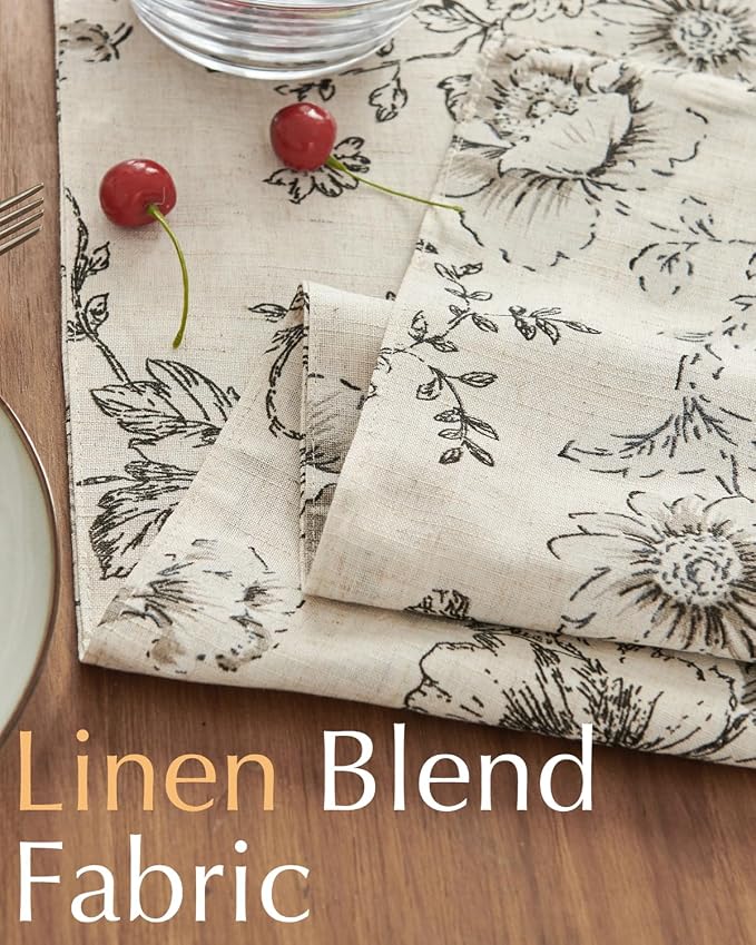 jinchan Black Floral Linen Table Runner 13 x 90 Inch Farmhouse | Long floral - Image 4