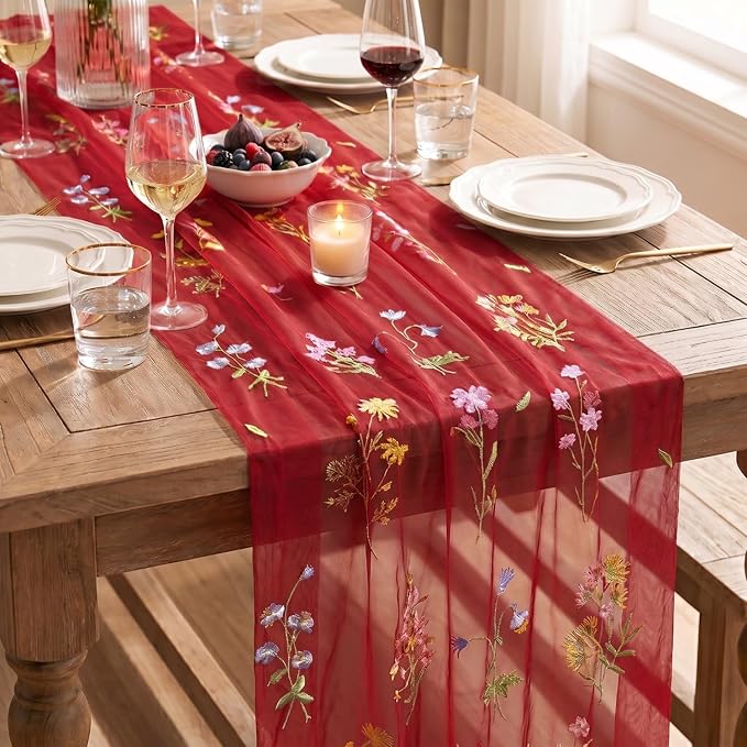 Artoid Mode Wildflower Floral Red Gauze Embroidery Table Runner 120 Inch 10FT - Image 7
