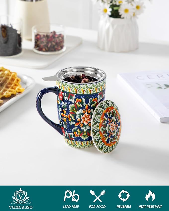 vancasso Ceramic Tea Mug with Infuser and Lid, 18 Ounce Bohemian Loose Leaf Cup - Image 3