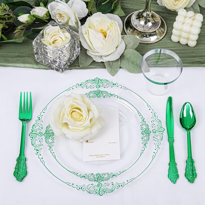 175 Pcs Clear Green Plates for Party | Green Party Plates Set for 25 Guests - Image 3